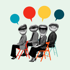 Contemporary art design. Audience Reaction. Seated group of expressive figures with giant mouths...