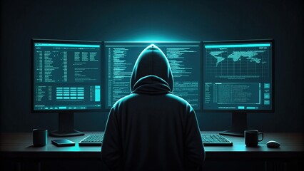 cybersecurity malware resilience, A person in a hoodie sits at a desk with three monitors, displaying code and data, in a dark, tech-focused environment.