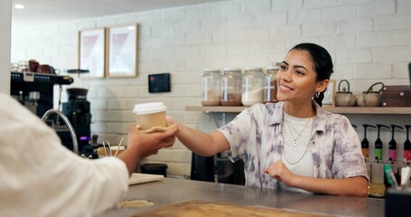 Cafe, barista and woman with coffee, serving and smile for customer service, giving and hospitality. Small business, waitress and person with latte for consumer, happy and checkout for takeaway
