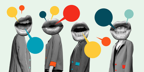 Modern art collage. Voices of Society. Four characters with oversized talking mouths stand side by...