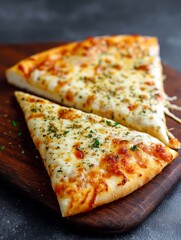 Delicious Hot Cheese Pizza Slices - Two cheesy pizza slices on a wooden board, oregano garnish, melted cheese, delicious Italian food, satisfying meal