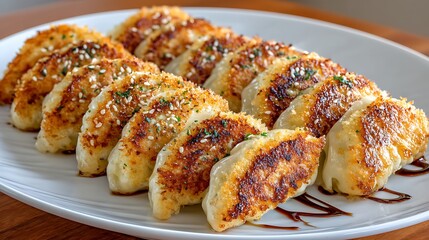 Crispy Pan Fried Gyoza Dumplings with Sesame Seeds and Herbs Close Up Food Photography