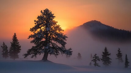 Fototapeta premium A snowy sunrise scene featuring a large tree and mountains
