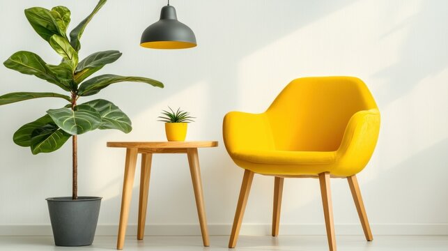 Bright yellow chair and plants decorate a well lit indoor space