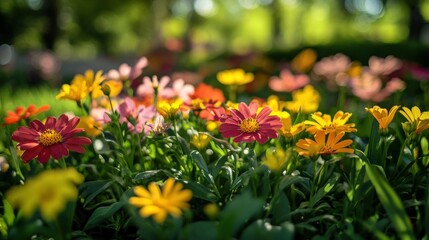 Fototapeta premium A colorful display of vibrant flowers growing in a garden bed
