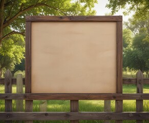 Blank poster frame on rustic wooden fence, park setting,  information,  sunlight