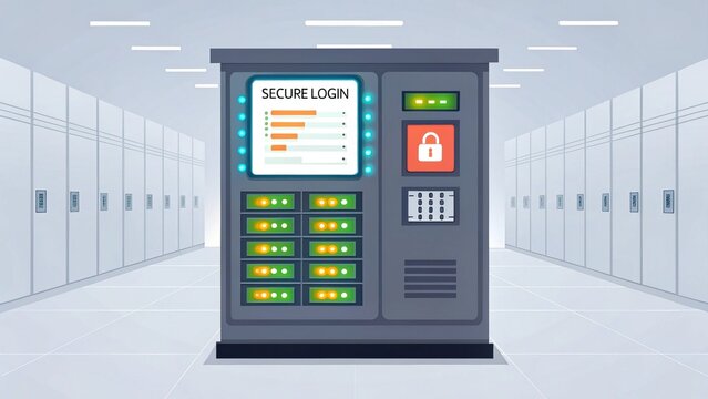 cybersecurity malware resilience, A under 200 characters: A secure server room with a central server cabinet displaying a secure login interface