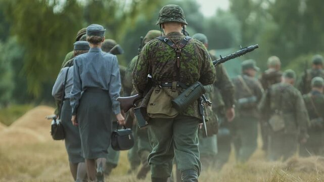 Platoon of German Waffen SS soldiers, female auxiliaries Kriegshelferinnen Helferinnen support staff during reenactment of Second World War event. Third Reich Infantry army, historical reconstruction