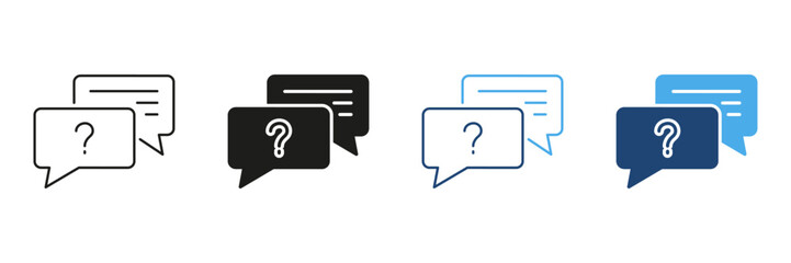 Question And Answer Speech Bubbles Icon Set. Communication, Inquiry, And Customer Support Outline And Silhouette Symbol Collection. Chat And Help Center Representation. Isolated Vector Illustration