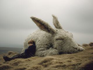 Child Leaning on Giant Sleeping Bunny in Fantasy Countryside Scene