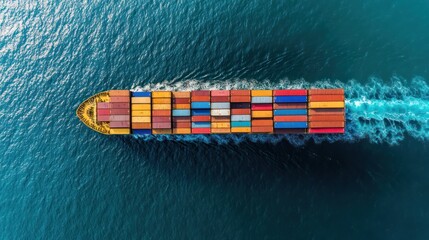 Aerial view of cargo container ship sailing across the vast open ocean
