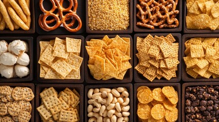 Assortment of savory snack foods in wooden square containers for sharing concept