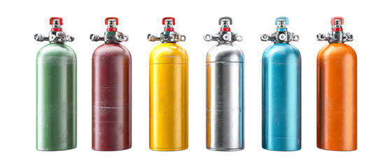 Pack of Oxygen Tanks in Five Different Poses Against Transparent Background for Medical Branding, Emergency Promotion, or Industrial Design Projects