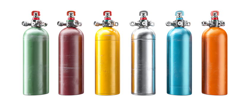 Pack of Oxygen Tanks in Five Different Poses Against Transparent Background for Medical Branding, Emergency Promotion, or Industrial Design Projects