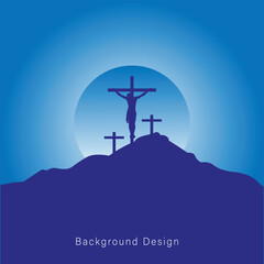 A wooden cross stands silhouetted against a blue sky with clouds on a mountain, a symbol of religious faith and spiritual belief in the Christian landscape