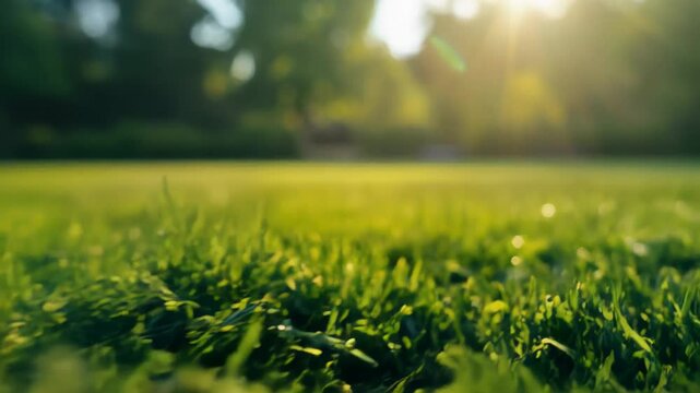 Verdant grass blades gleaming under golden sunlight, revealing lush park landscape with vibrant green textures and serene natural beauty during soft evening light