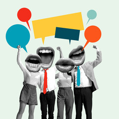 Poster. Creative art design. Group of expressive individuals raise fists and shout into...
