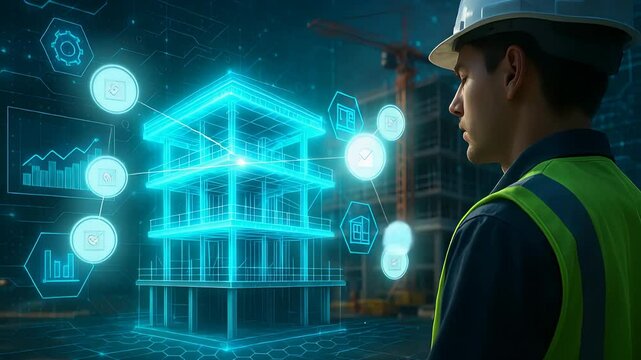 Architect Analyzing Holographic Smart Building Model with Glowing Data Connections Representing Futuristic Construction Technology

