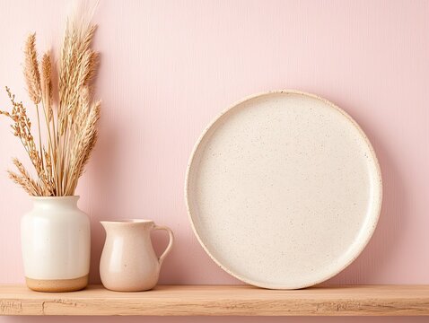 White Speckled Ceramic Plate Display with Dried Flowers on Pink Background