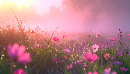 Gossamer threads of mist dance over a vibrant enchanted meadow, petals shimmer with hidden luminescence under a soft rosy dawn