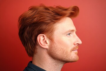 Obraz premium Red solid background. A smiling man in a professional portrait session. Fashionable men's crew cut haircut - midlife white man with red hair. Creative design idea of style for aging men.