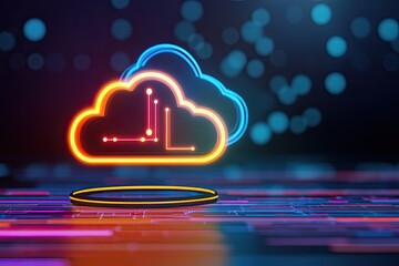 Two glowing neon clouds, symbol of cloud computing, hover over a colorful, digital pedestal  Lines of code and data streams are visible in the background