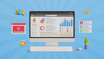 Market research, business data analysis, data management system, SEO analytics concept. KPI, CRM, finance, sales and marketing statistic dashboard on computer. 3D illustration