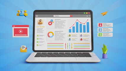 Market research, business data analysis, data management system, SEO analytics concept. KPI, CRM, finance, sales and marketing statistic dashboard on laptop screen. 3D illustration