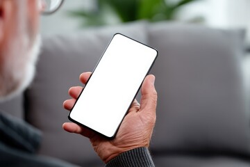 Senior man holds phone, blank screen.