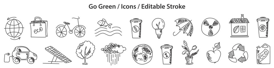 Set of Go Green icons in doodle style, line design, editable stroke, vector illustration