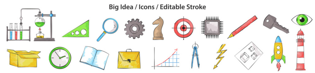 Set of Big Idea icons in marker style, flat line design, editable stroke, vector illustration
