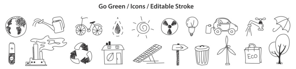 Set of Go Green icons in doodle style, line design, editable stroke, vector illustration