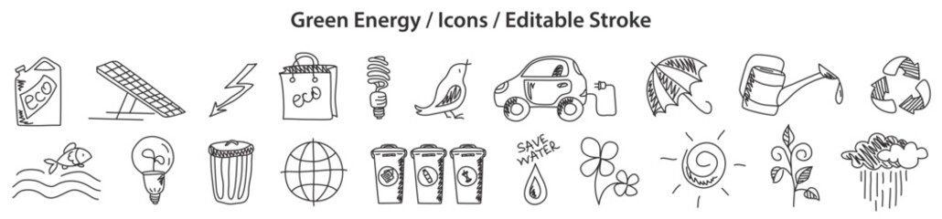 Set of Green Energy icons in doodle style, line design, editable stroke, vector illustration