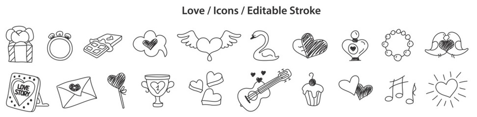 Set of Love icons in doodle style, line design, editable stroke, vector illustration