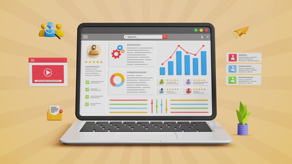Business data analytics graph dashboard, automation technology. Dashboard of sales data, marketing and statistics report. KPI insights, CRM on laptop screen. 3D illustration