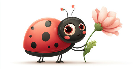 Obraz premium An eye-catching stock photo of cute cartoon ladybug holding a pink flower, ideal for creative, commercial, or editorial purposes.