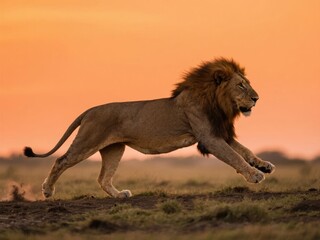 Fototapeta premium A male lion running across the savannah at sunset