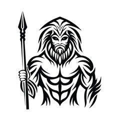 Tattoo Style Muscular Man with Beard Holding Spear Black and White Isolated Design