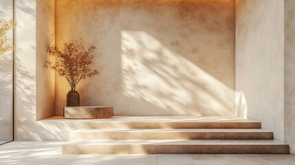 Beige Stone Steps Minimalist Background with Plant