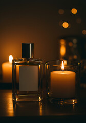 Scented candles and perfume bottle