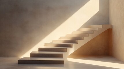 Obraz premium Beige Concrete Staircase Illuminated by Sunlight in Minimalist Interior
