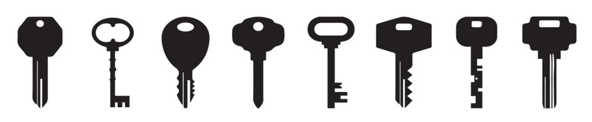 Keys set of black silhouette of door lock symbol. Victorian key collection vintage. Set Of Sketch Old Key. antique skeleton keys vector icons
