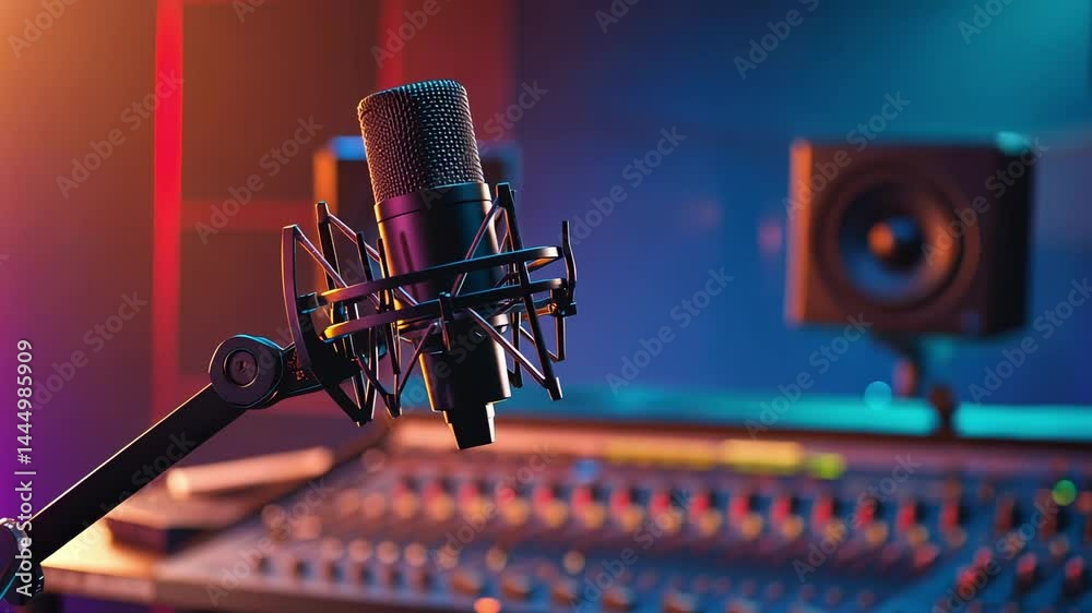 Poster professional studio microphone positioned in acoustic environment, capturing pristine vocal and inst