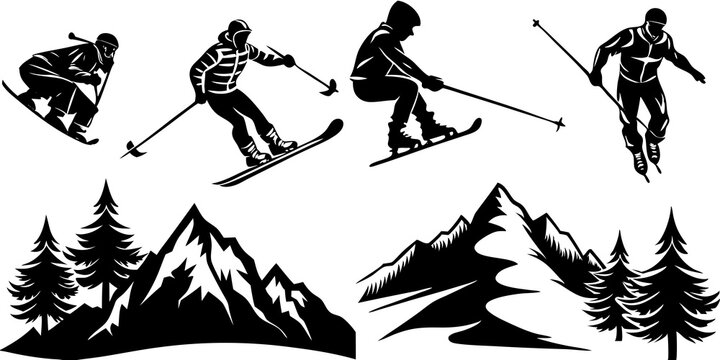 Silohette of  Winter sports activity vector set featuring snowboarding, skiing, ice skating, and sledding characters in motion.