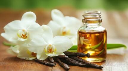 Vanilla essential oil in glass bottle with vanilla beans and white orchid flowers on wooden board