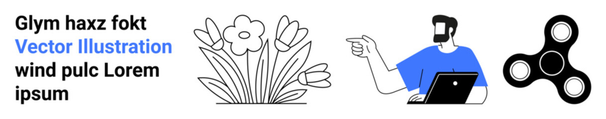 Blooming flowers, a man using a laptop, and a spinner in minimalist style. Ideal for technology, work-life balance, creativity, nature, mindfulness productivity recreation. Perfect flat landing