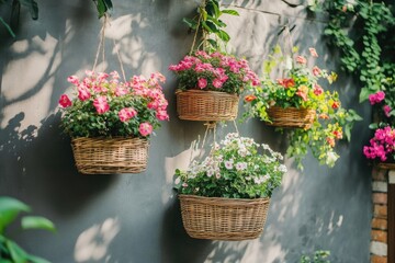 Hanging flower baskets on a gray wall  Colorful blooms in woven baskets