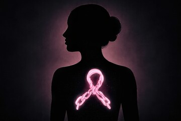 Silhouette of Woman with Glowing Broken Pink Ribbon Made of Chains – Breast Cancer Awareness Symbol of Survival on Dark Background with Soft Pink Light	
