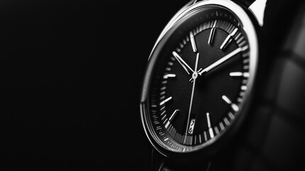 Close-up of a wristwatch. the watch has a round face with a black background and white hands and markers. the hands of the watch are white and the numbers are in a modern, sans-serif font.