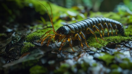 Fototapeta premium Millipede on mossy ground